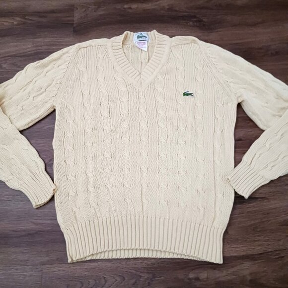 Vintage Lacoste Collection by Izod Small Cream Cotton Cable Knit V-Neck Sweater - Picture 1 of 5